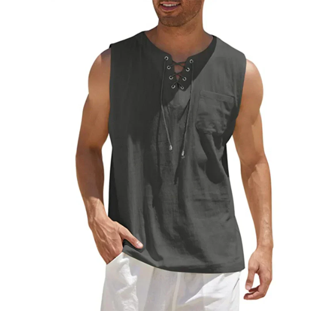 Camiseta de Tirantes de Lino de Hombre Momount – Cuello en V con Cordones de Playa