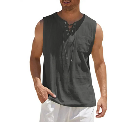 Camiseta de Tirantes de Lino de Hombre Momount – Cuello en V con Cordones de Playa