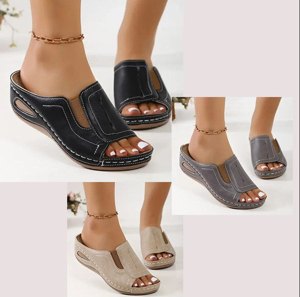 Sandalias Ortopédicas de Mujer – Cuero Punta Abierta Cuña Baja Walking