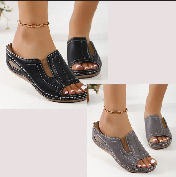 Sandalias Ortopédicas de Mujer – Cuero Punta Abierta Cuña Baja Walking