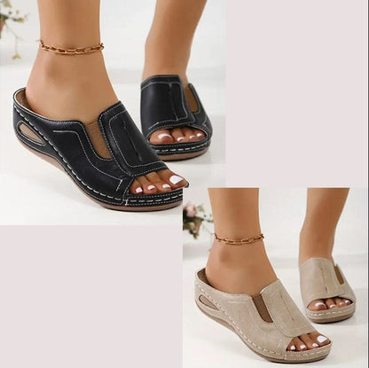 Sandalias Ortopédicas de Mujer – Cuero Punta Abierta Cuña Baja Walking