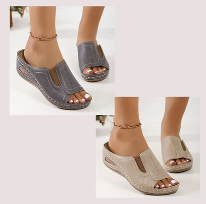 Sandalias Ortopédicas de Mujer – Cuero Punta Abierta Cuña Baja Walking