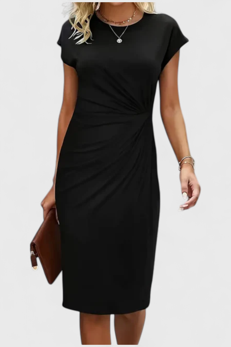 Katrina Draped Midi Dress | Round Neck, Fitted, Timeless
