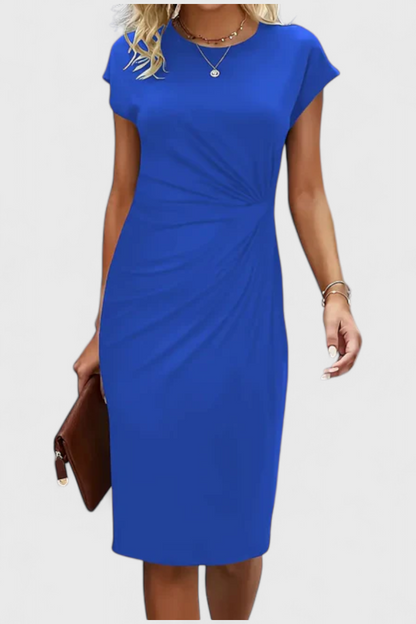 Katrina Draped Midi Dress | Round Neck, Fitted, Timeless