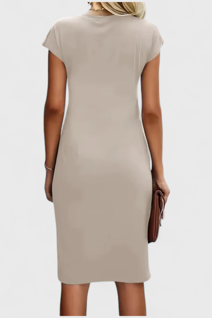Katrina Draped Midi Dress | Round Neck, Fitted, Timeless