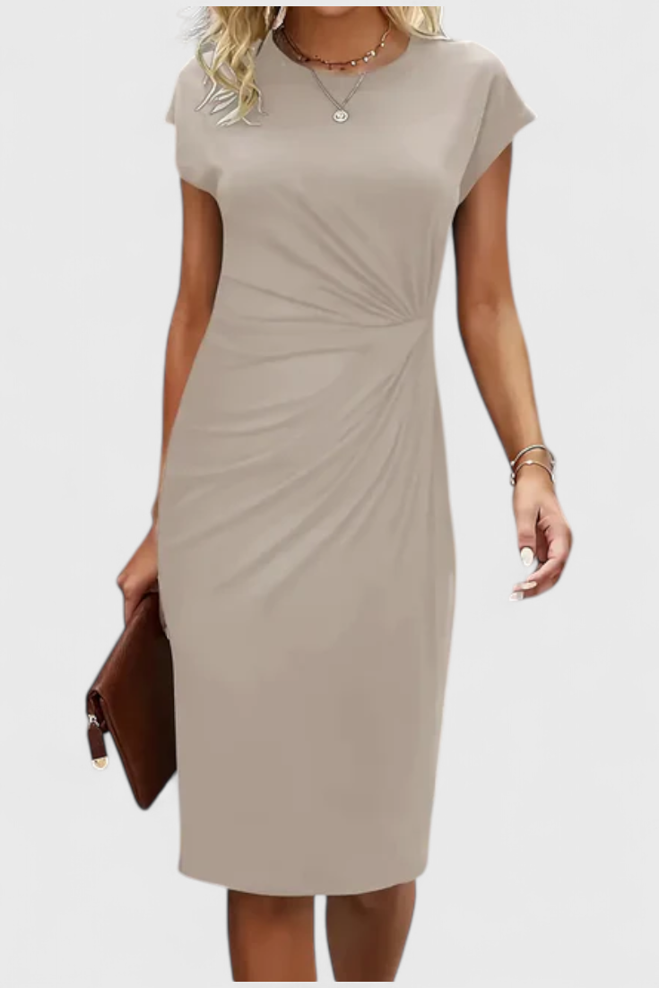 Katrina Draped Midi Dress | Round Neck, Fitted, Timeless