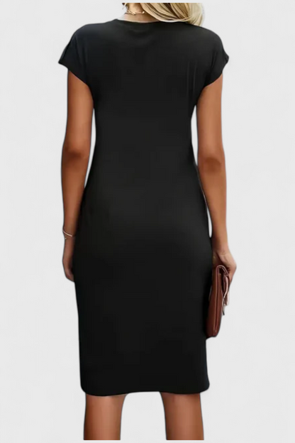 Katrina Draped Midi Dress | Round Neck, Fitted, Timeless