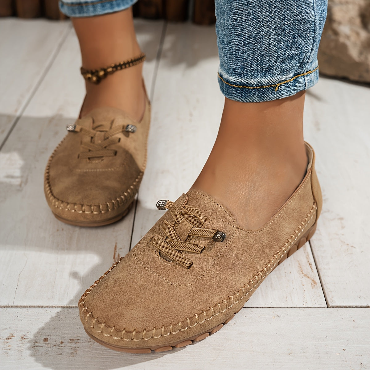 Momount Mujer Mocasines Tipo Mocasín – Ante Cosido a Mano Slip-On Elástico Cómodos