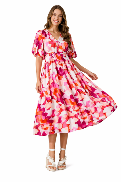 Brenta | Vestido Largo Boho de Gasa Floral Escote en V Manga Larga Primavera