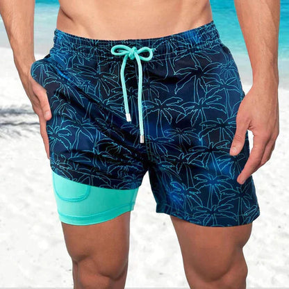 Bañadores de Hombre – Bañador Deportivo Azul Marino con Forro de Compresión y Estampado de Palmeras