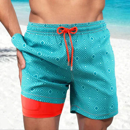 Bañadores de Hombre – Bañador Deportivo Azul Marino con Forro de Compresión y Estampado de Palmeras