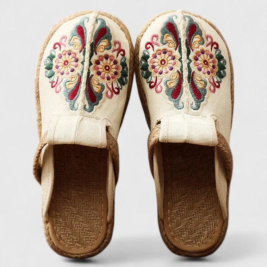Momount Mujer Mules Bordados – Lona Floral Suela de Yute Slip-On Punta Cerrada