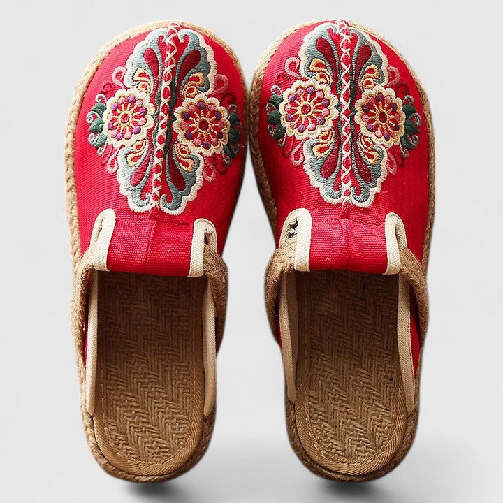 Momount Mujer Mules Bordados – Lona Floral Suela de Yute Slip-On Punta Cerrada