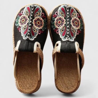Momount Mujer Mules Bordados – Lona Floral Suela de Yute Slip-On Punta Cerrada