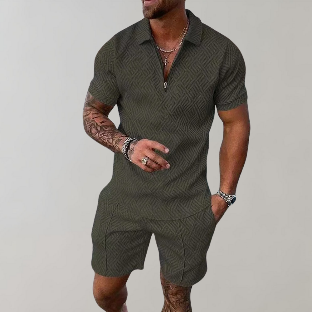 Momount Men Two Piece Set – Half Zip Polo Shorts Jacquard Summer