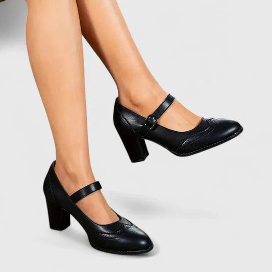 Momount Mujer Salones Mary Jane Tacón Bloque – Piel Brogue Punta Redonda Hebilla