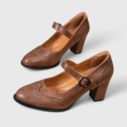 Momount Mujer Salones Mary Jane Tacón Bloque – Piel Brogue Punta Redonda Hebilla