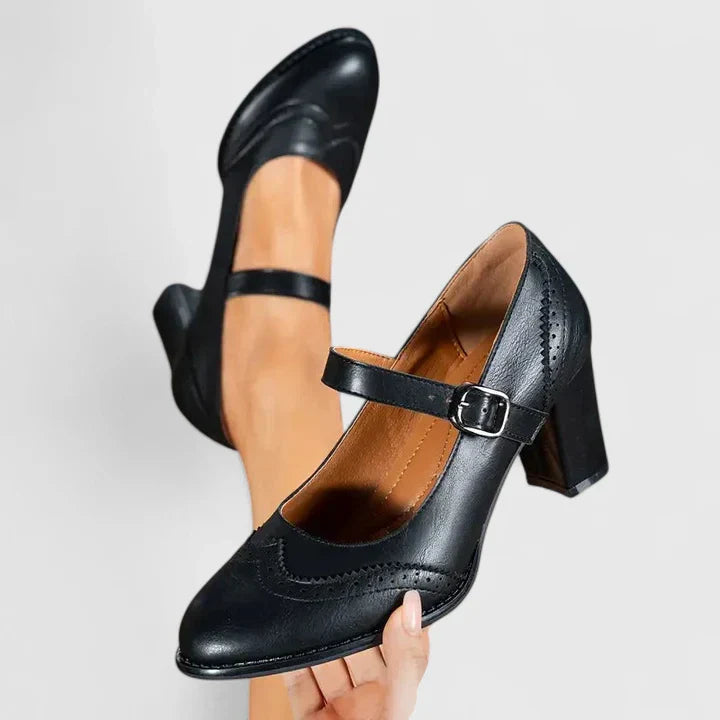 Momount Mujer Salones Mary Jane Tacón Bloque – Piel Brogue Punta Redonda Hebilla