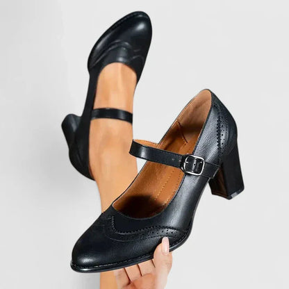 Momount Mujer Salones Mary Jane Tacón Bloque – Piel Brogue Punta Redonda Hebilla