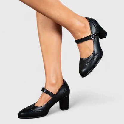 Momount Mujer Salones Mary Jane Tacón Bloque – Piel Brogue Punta Redonda Hebilla