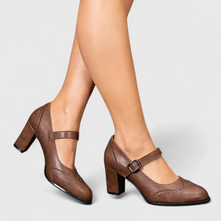 Momount Mujer Salones Mary Jane Tacón Bloque – Piel Brogue Punta Redonda Hebilla