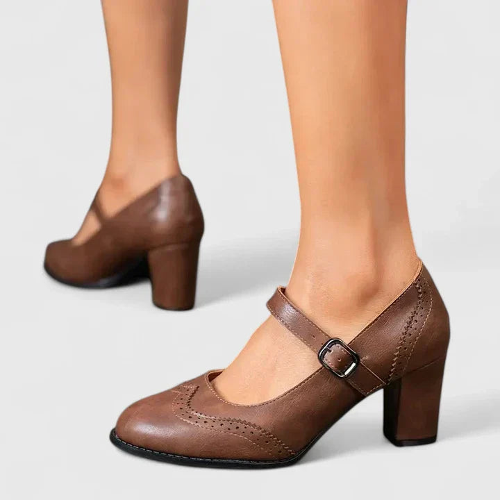 Momount Mujer Salones Mary Jane Tacón Bloque – Piel Brogue Punta Redonda Hebilla