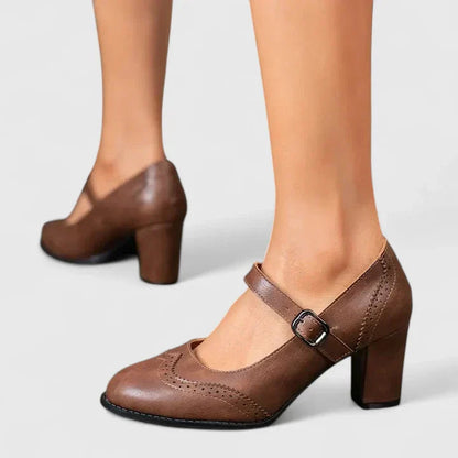 Momount Mujer Salones Mary Jane Tacón Bloque – Piel Brogue Punta Redonda Hebilla