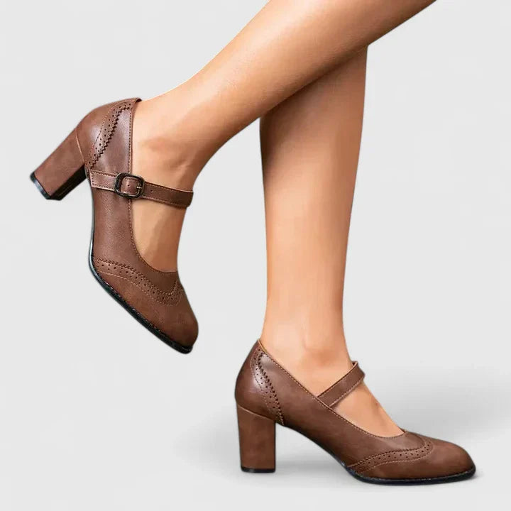 Momount Mujer Salones Mary Jane Tacón Bloque – Piel Brogue Punta Redonda Hebilla