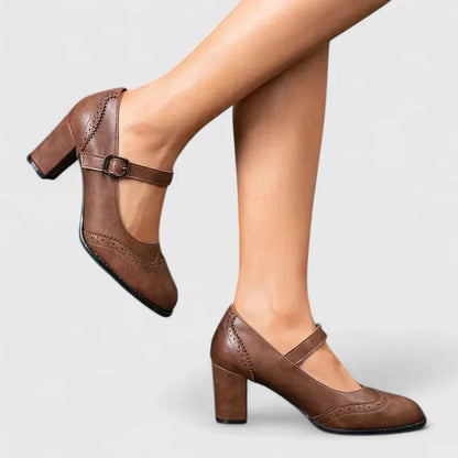 Momount Mujer Salones Mary Jane Tacón Bloque – Piel Brogue Punta Redonda Hebilla