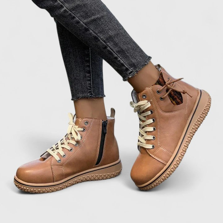 Momount Mujer Botines Estilo Zapatilla Alta – Piel Cordones Cremallera Lateral Suela de Crepé