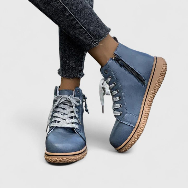 Momount Mujer Botines Estilo Zapatilla Alta – Piel Cordones Cremallera Lateral Suela de Crepé