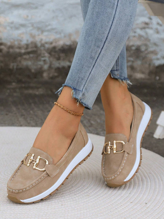 Momount Mujer Mocasines de Ante – Bocado Dorado Plataforma Slip-On Cómodos