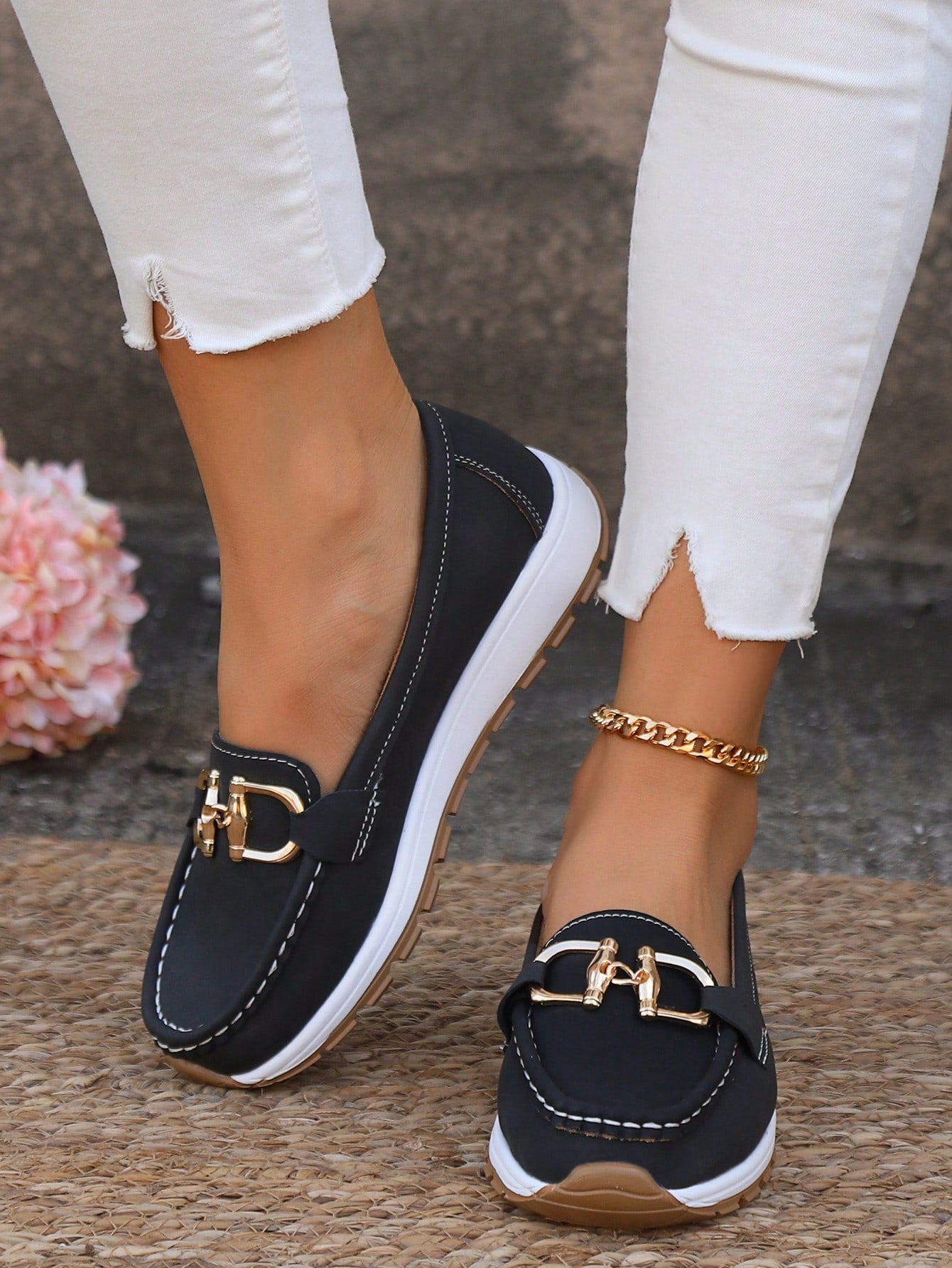 Momount Mujer Mocasines de Ante – Bocado Dorado Plataforma Slip-On Cómodos