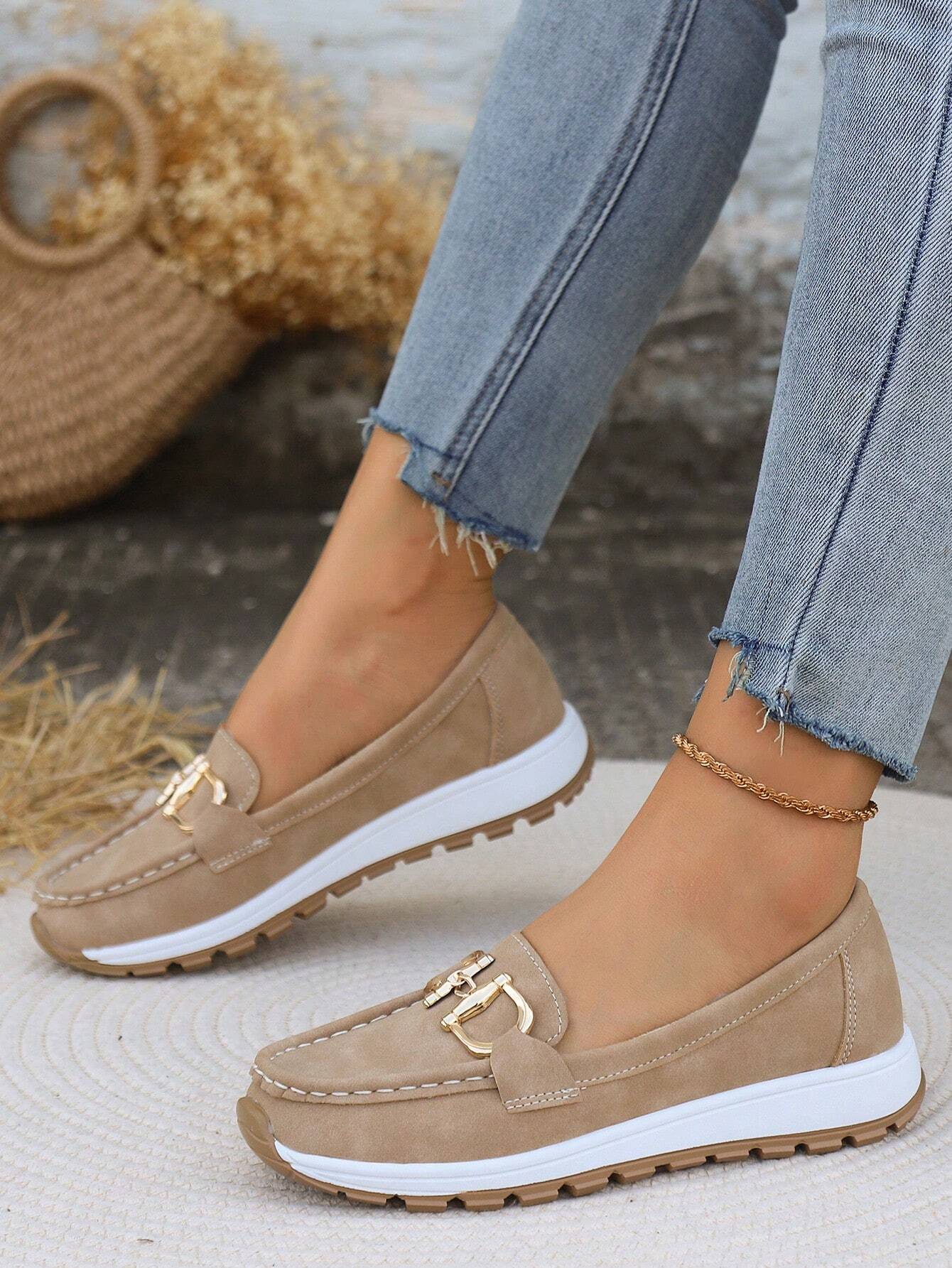 Momount Mujer Mocasines de Ante – Bocado Dorado Plataforma Slip-On Cómodos