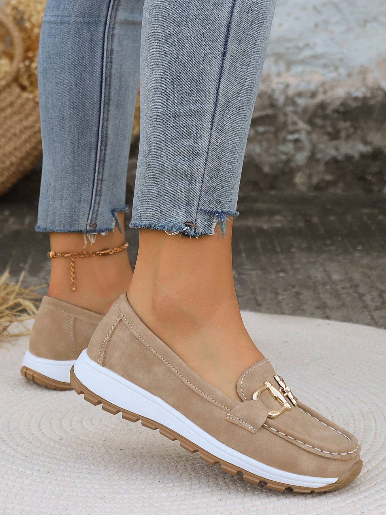 Momount Mujer Mocasines de Ante – Bocado Dorado Plataforma Slip-On Cómodos
