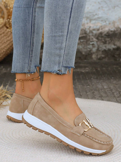 Momount Mujer Mocasines de Ante – Bocado Dorado Plataforma Slip-On Cómodos