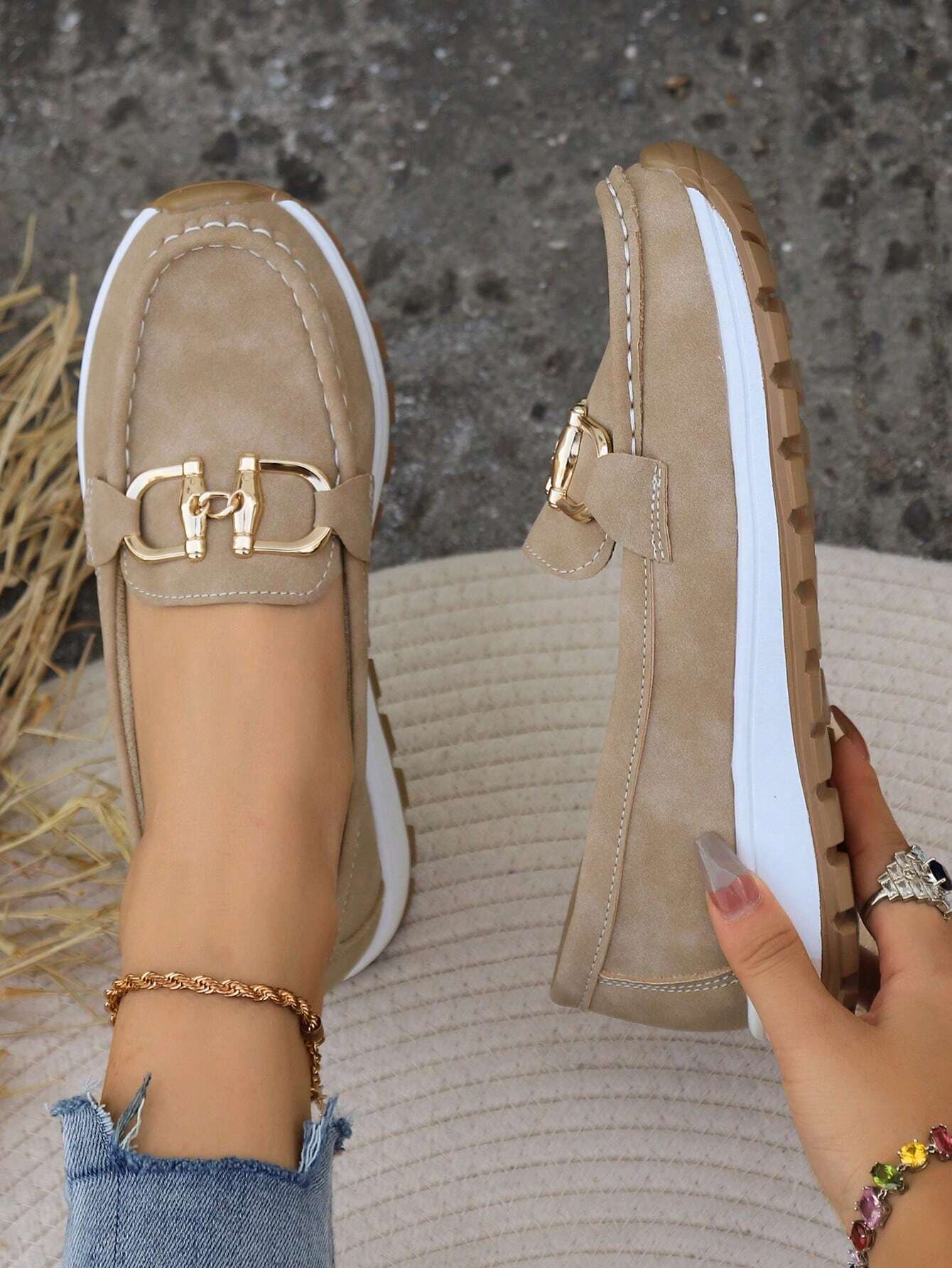 Momount Mujer Mocasines de Ante – Bocado Dorado Plataforma Slip-On Cómodos