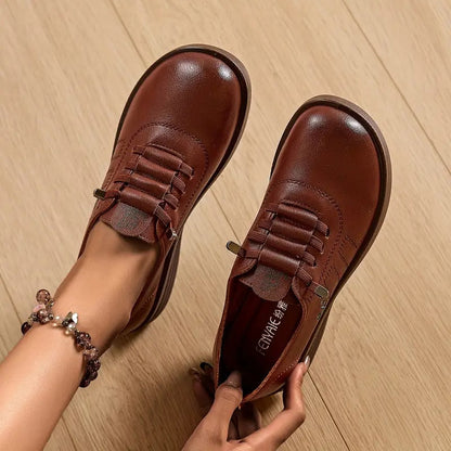 Momount Mujer Mocasines con Cordones – Piel Punta Redonda Plataforma Plana Casual