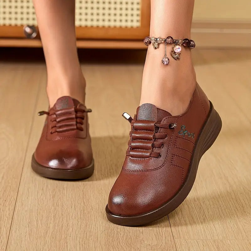 Momount Mujer Mocasines con Cordones – Piel Punta Redonda Plataforma Plana Casual