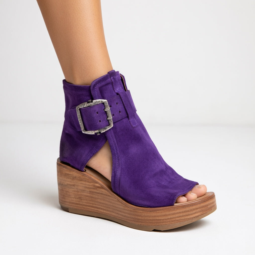 Momount Mujer Sandalias de Cuña – Ante Tobillera Hebilla Plataforma de Madera Punta Abierta