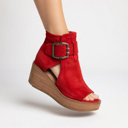 Momount Mujer Sandalias de Cuña – Ante Tobillera Hebilla Plataforma de Madera Punta Abierta