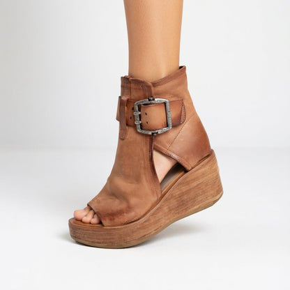 Momount Mujer Sandalias de Cuña – Ante Tobillera Hebilla Plataforma de Madera Punta Abierta