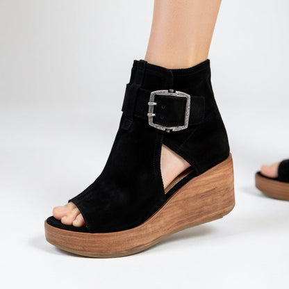 Momount Mujer Sandalias de Cuña – Ante Tobillera Hebilla Plataforma de Madera Punta Abierta