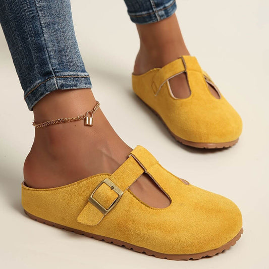 Momount Mujer Zuecos de Ante T-Bar – Hebilla Mule Puntera Cerrada Plantilla de Corcho