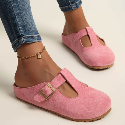 Momount Mujer Zuecos de Ante T-Bar – Hebilla Mule Puntera Cerrada Plantilla de Corcho