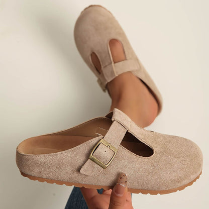 Momount Mujer Zuecos de Ante T-Bar – Hebilla Mule Puntera Cerrada Plantilla de Corcho