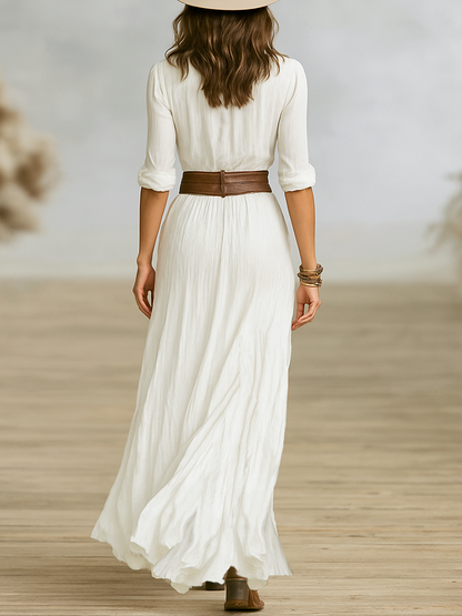 Vestido Largo Boho de Verano con Botonadura – Escote en V con Cintura Ceñida