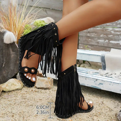 Momount Mujer Sandalias Gladiadoras con Flecos – Ante Tachuelas Cremallera Lateral Boho