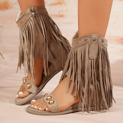 Momount Mujer Sandalias Gladiadoras con Flecos – Ante Tachuelas Cremallera Lateral Boho