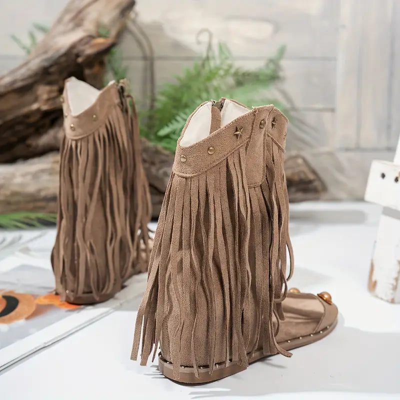 Momount Mujer Sandalias Gladiadoras con Flecos – Ante Tachuelas Cremallera Lateral Boho